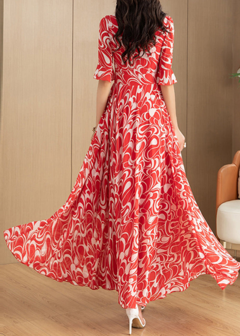Red V Neck Print Chiffon Long Dress Summer
