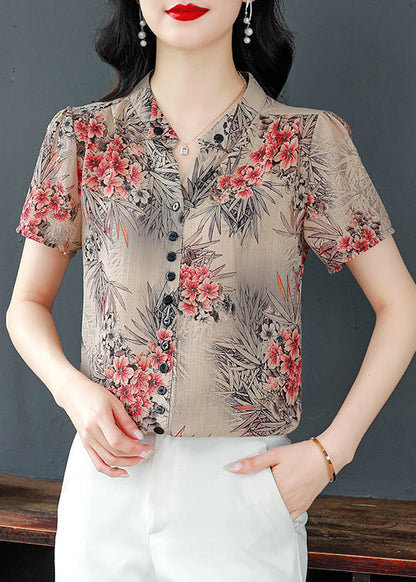 Red V Neck Print Chiffon Shirts Summer