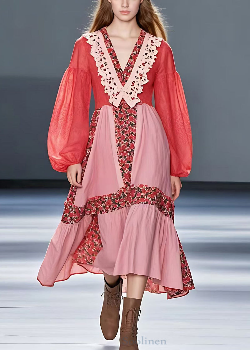 Red V Neck Print Patchwork Cotton Dress Long Sleeve