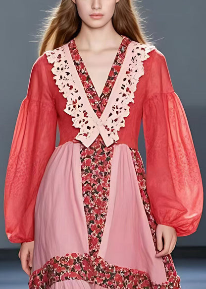 Red V Neck Print Patchwork Cotton Dress Long Sleeve
