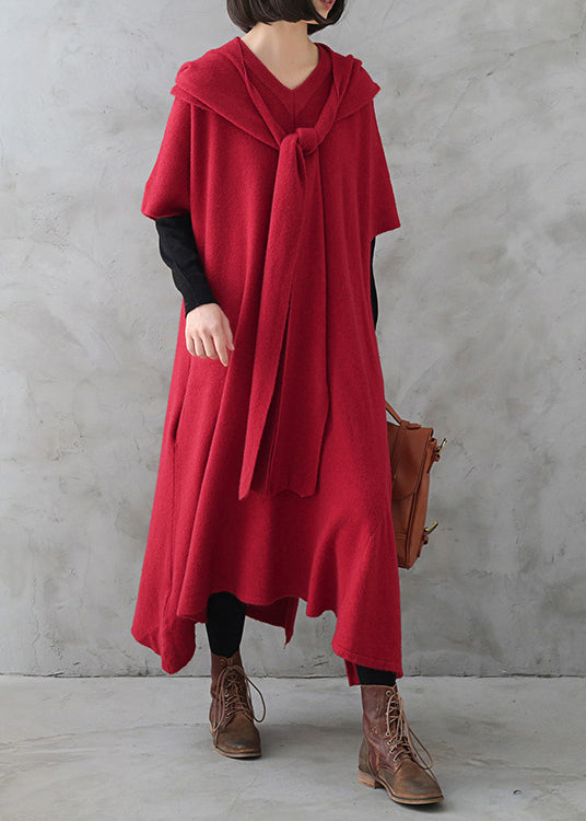 Red V Neck Side Open Cashmere Knit Holiday Sweater Dress Fall