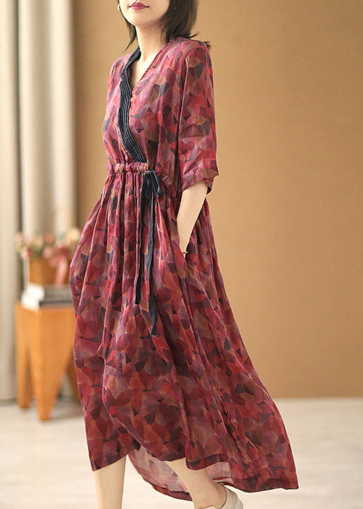 Red V Neck Tie Waist Wrinkled Print Linen Cinch Dresses Short Sleeve