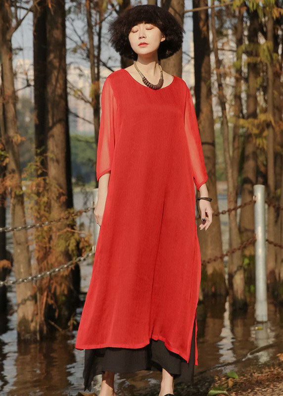 Red Side Open Pockets Chiffon Long Dress Three Quarter Sleeve