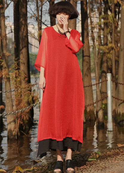 Red Side Open Pockets Chiffon Long Dress Three Quarter Sleeve
