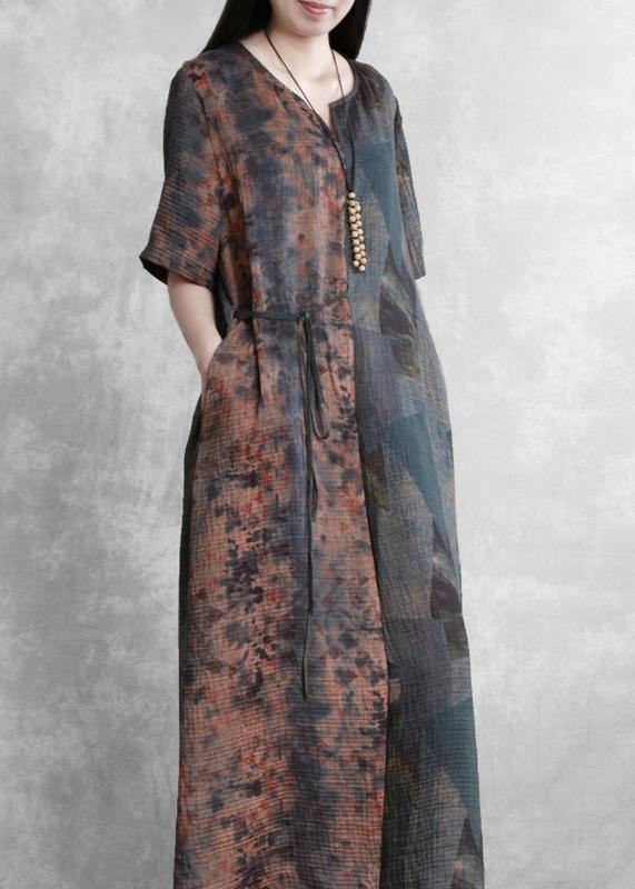 Retro Blue Print Clothes V Neck Half Sleeve Robe Dresses