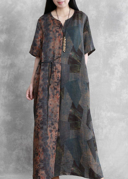 Retro Blue Print Clothes V Neck Half Sleeve Robe Dresses