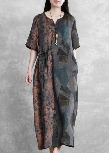 Retro Blue Print Clothes V Neck Half Sleeve Robe Dresses