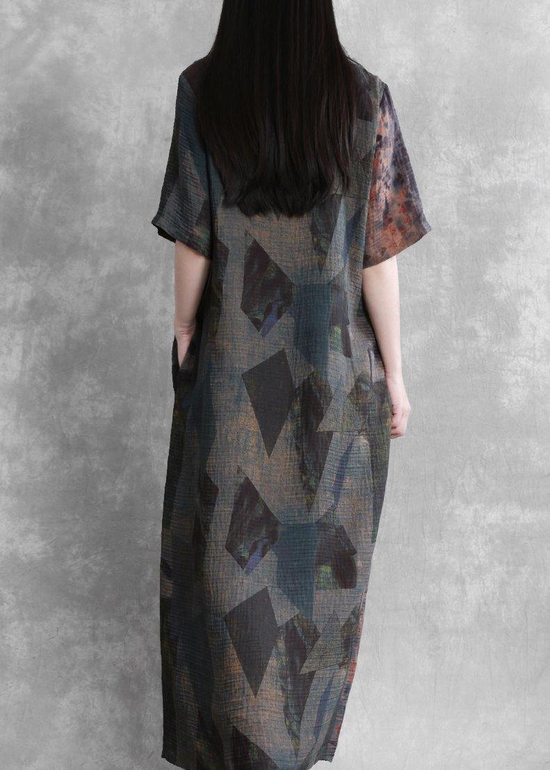 Retro Blue Print Clothes V Neck Half Sleeve Robe Dresses