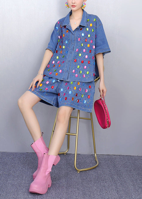 Rhinestone Denim Blue Shirts and Shorts Two Pieces Set Summer