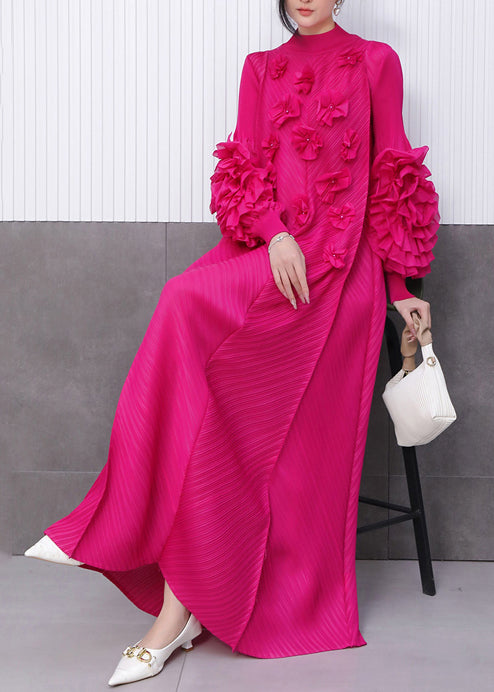 Rose Decorated Pleated Texture Maxi Dress Petal Sleeve
