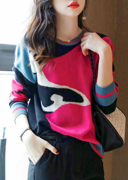 Rose O Neck Patchwork Cozy Wool Knit Sweaters Long Sleeve