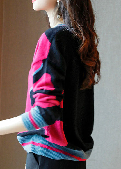 Rose O Neck Patchwork Cozy Wool Knit Sweaters Long Sleeve