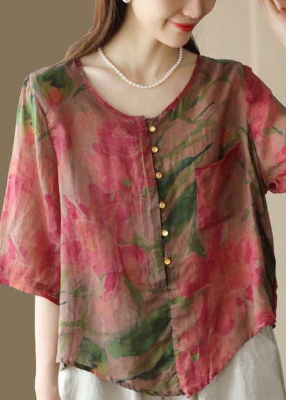 Rose O Neck Print Button Patchwork Linen Blouses Tops Summer
