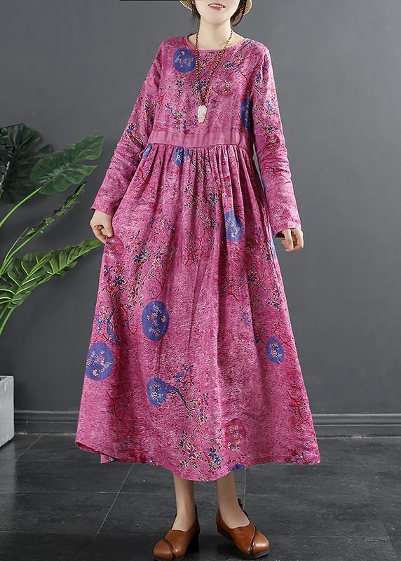 Rose Print Tunics O Neck Patchwork Maxi Dress