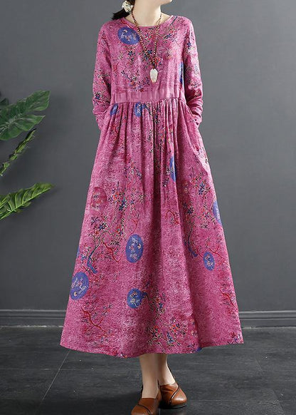 Rose Print Tunics O Neck Patchwork Maxi Dress