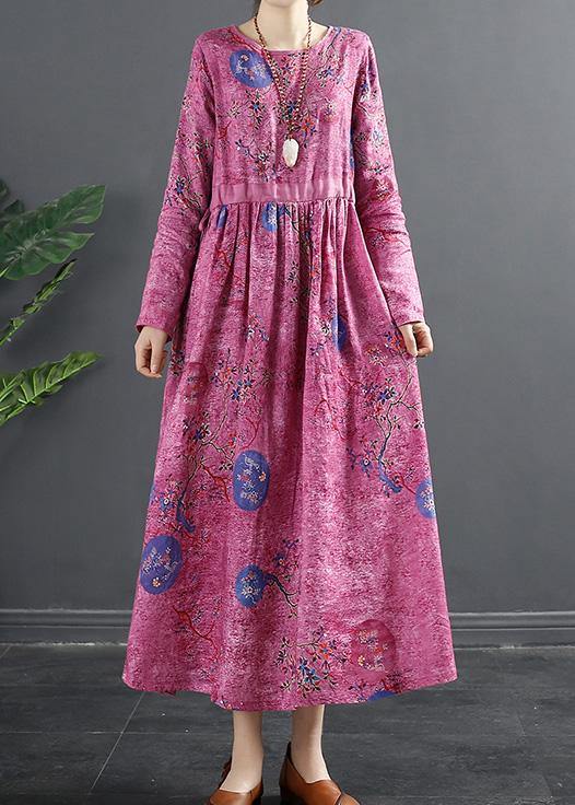 Rose Print Tunics O Neck Patchwork Maxi Dress