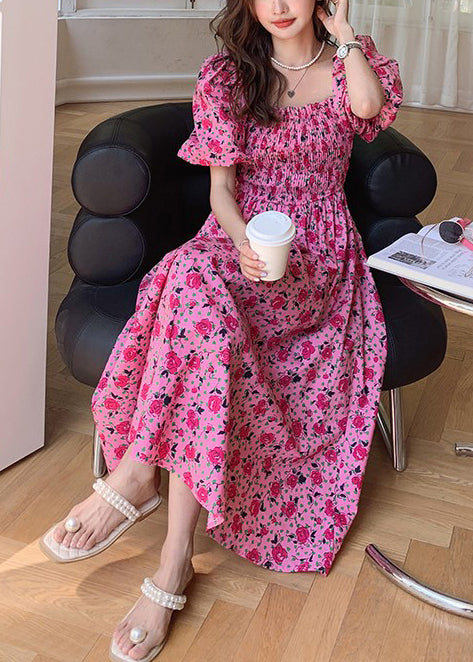 Rose Puff Sleeve Print Cotton Holiday Dress