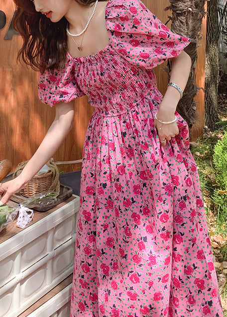 Rose Puff Sleeve Print Cotton Holiday Dress