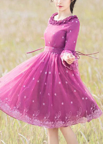 Rose Ruffled Embroideried Lace Up Tulle Dresses Flare Sleeve