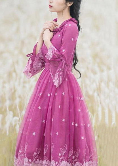 Rose Ruffled Embroideried Lace Up Tulle Dresses Flare Sleeve