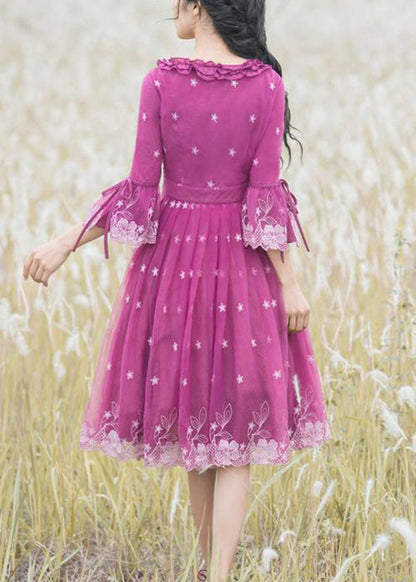 Rose Ruffled Embroideried Lace Up Tulle Dresses Flare Sleeve