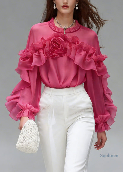 Beautiful Rose Ruffled Floral Cotton Shirt Spring