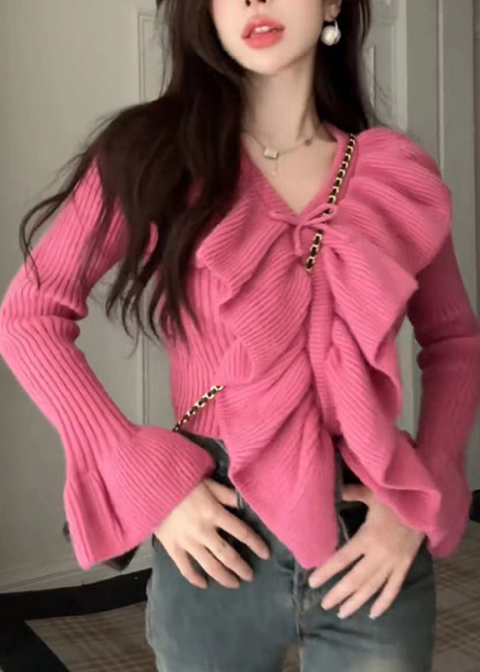 Rose Ruffled Patchwork Cotton Knit Sweaters Spring
