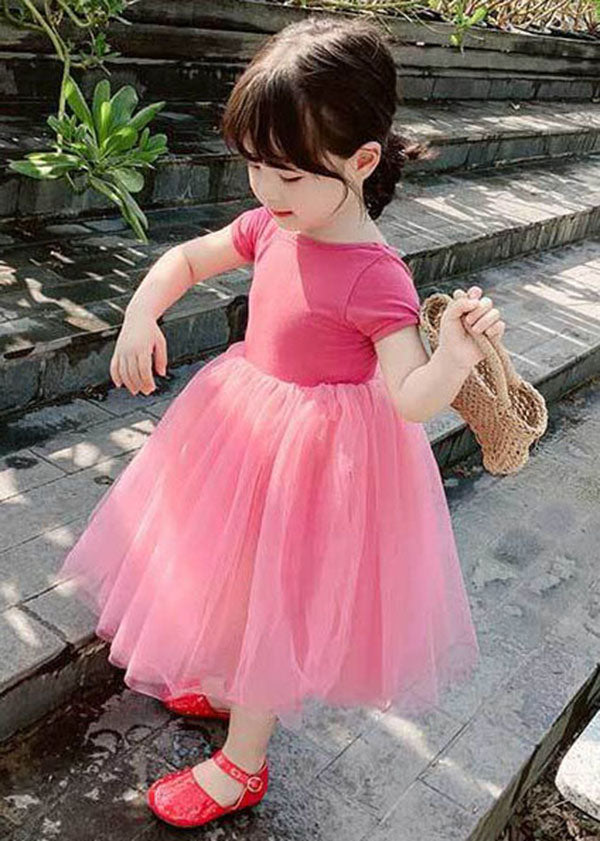 Rose Ruffled Patchwork Tulle Kids Off the Back Dress Summer