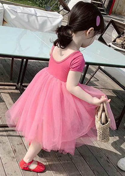 Rose Ruffled Patchwork Tulle Kids Off the Back Dress Summer