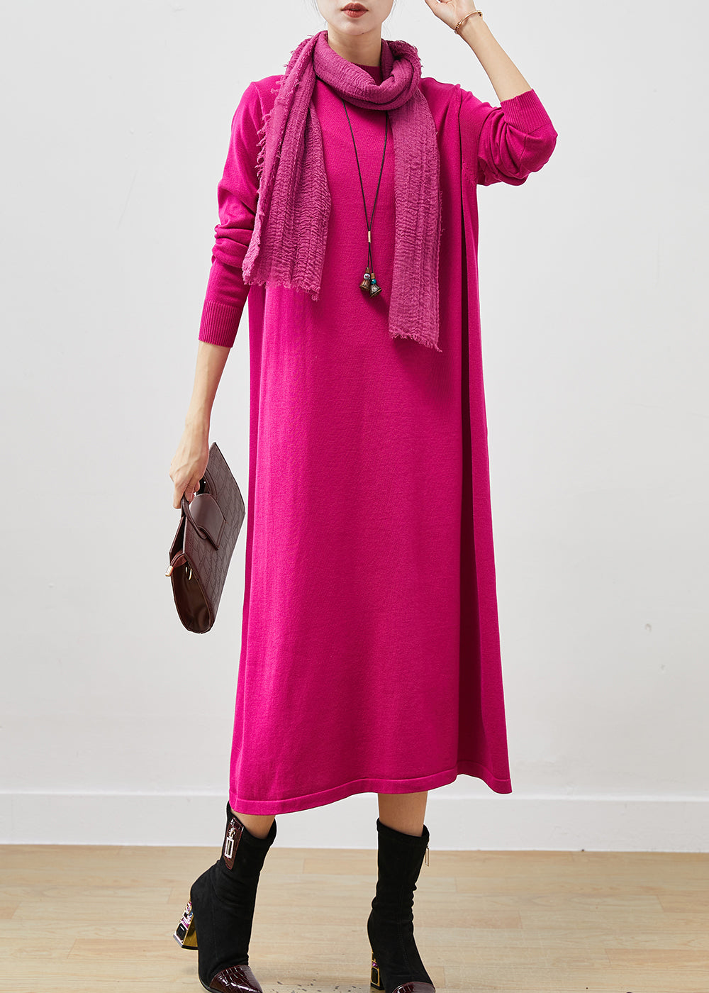 Rose Stand Collar Silm Fit Long Knit Dress Spring