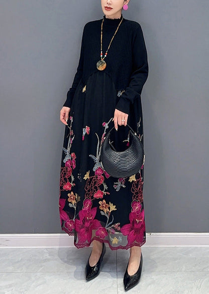 Rose Turtleneck Embroideried Tulle Patchwork Dress Fall