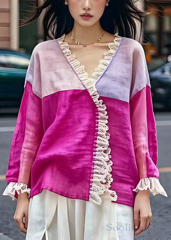 Rose V Neck Patchwork Cotton Shirt Long Sleeve