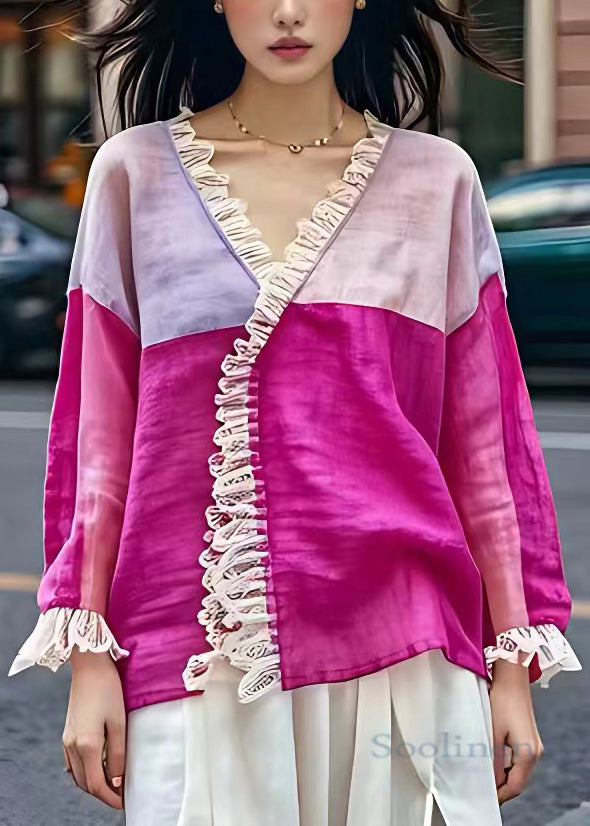 Rose V Neck Patchwork Cotton Shirt Long Sleeve