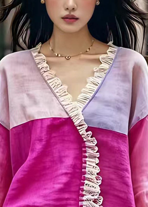 Rose V Neck Patchwork Cotton Shirt Long Sleeve