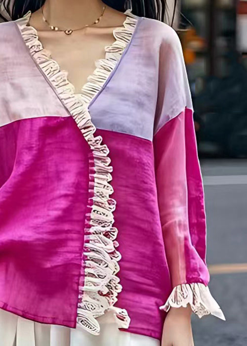 Rose V Neck Patchwork Cotton Shirt Long Sleeve