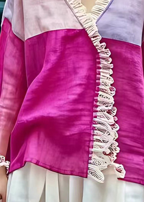 Rose V Neck Patchwork Cotton Shirt Long Sleeve