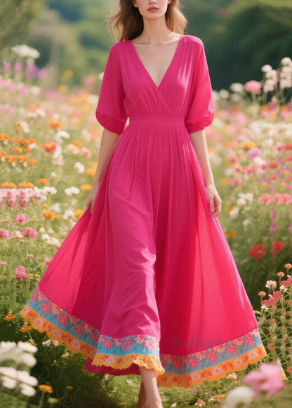 Rose V Neck Patchwork Exra Large Hem Cotton Dresses Summer