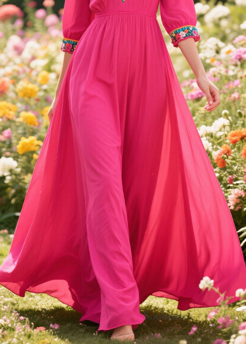 Rose V Neck Patchwork Exra Large Hem Cotton Long Dress Summer