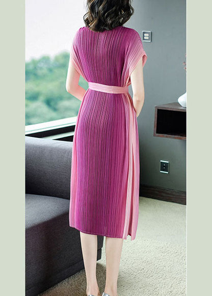 Rose Wrinkled Tie Waist Chiffon Vacation Dresses Summer
