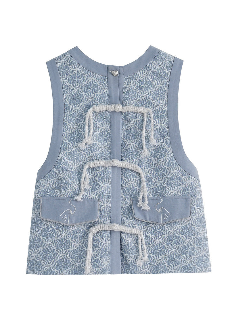 Royal Blue O-neck Print Button Waistcoat Spring