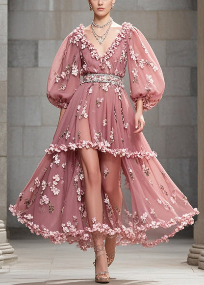 Rubber Red Puff Sleeve Three-dimensional Chiffon Cinched Dress