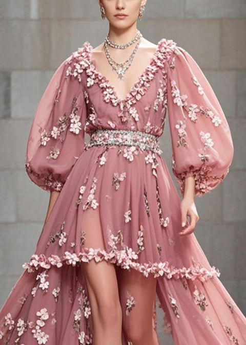 Rubber Red Puff Sleeve Three-dimensional Chiffon Cinched Dress
