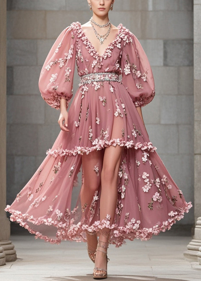 Rubber Red Puff Sleeve Three-dimensional Chiffon Cinched Dress