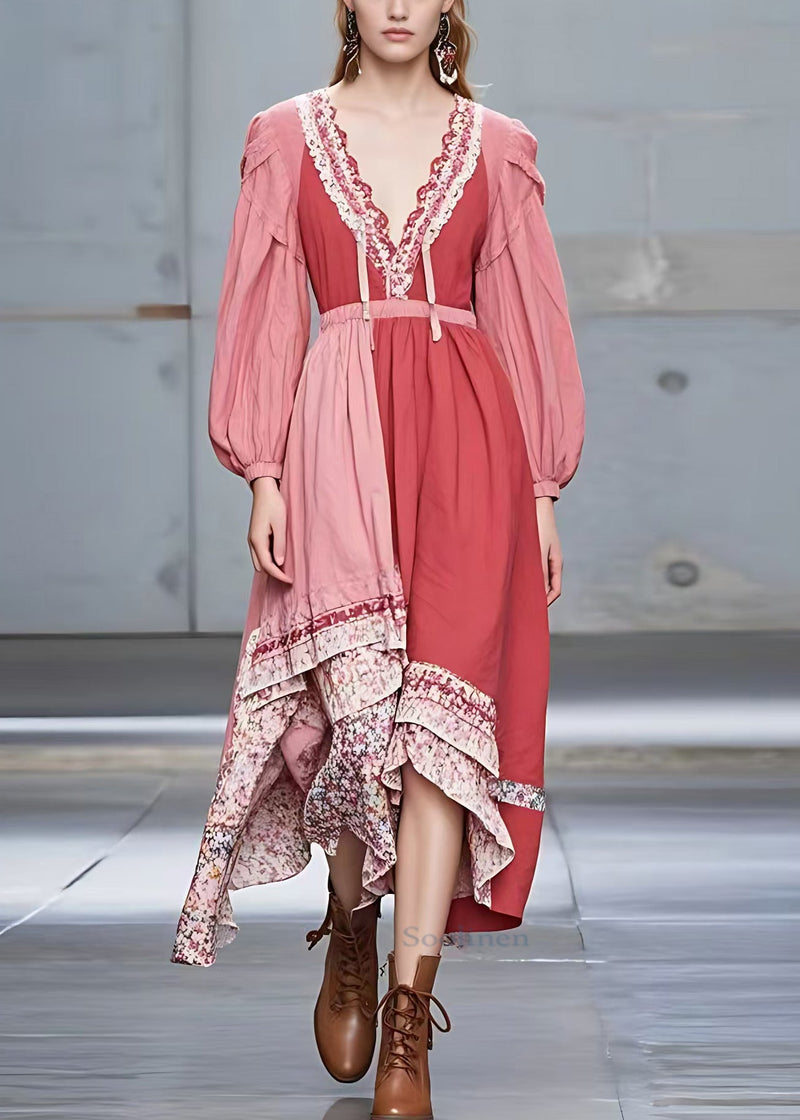 Rubber Red V Neck Print Patchwork Cotton Long Dress Fall
