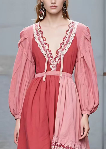 Rubber Red V Neck Print Patchwork Cotton Long Dress Fall