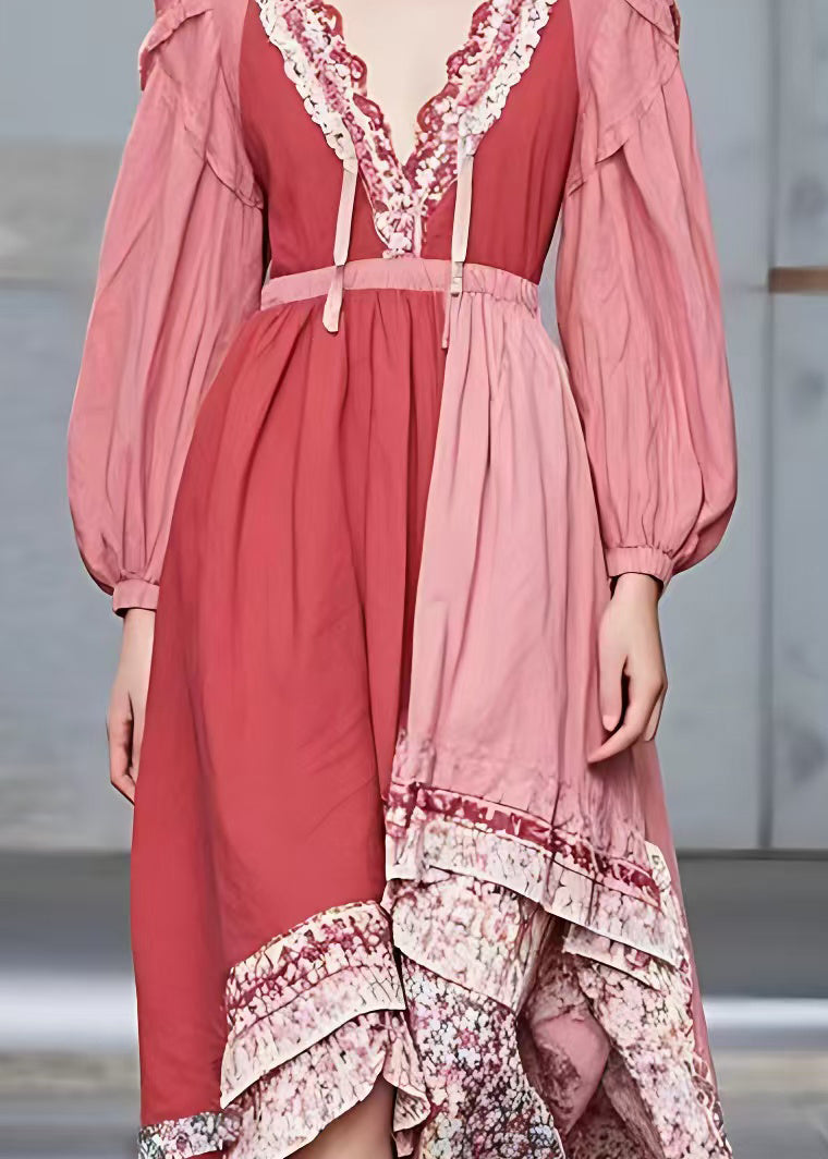 Rubber Red V Neck Print Patchwork Cotton Long Dress Fall