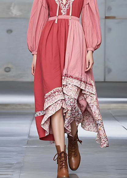 Rubber Red V Neck Print Patchwork Cotton Long Dress Fall