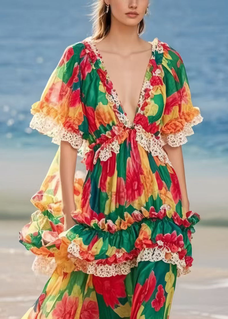 Ruffled Print Chiffon Beach Dresses Summer
