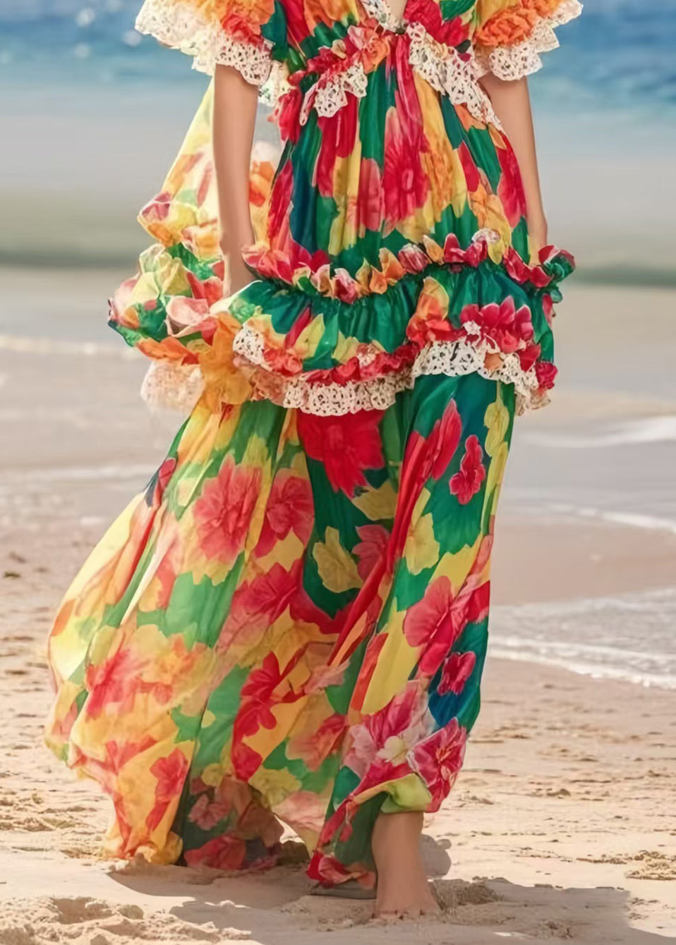Ruffled Print Chiffon Beach Dresses Summer