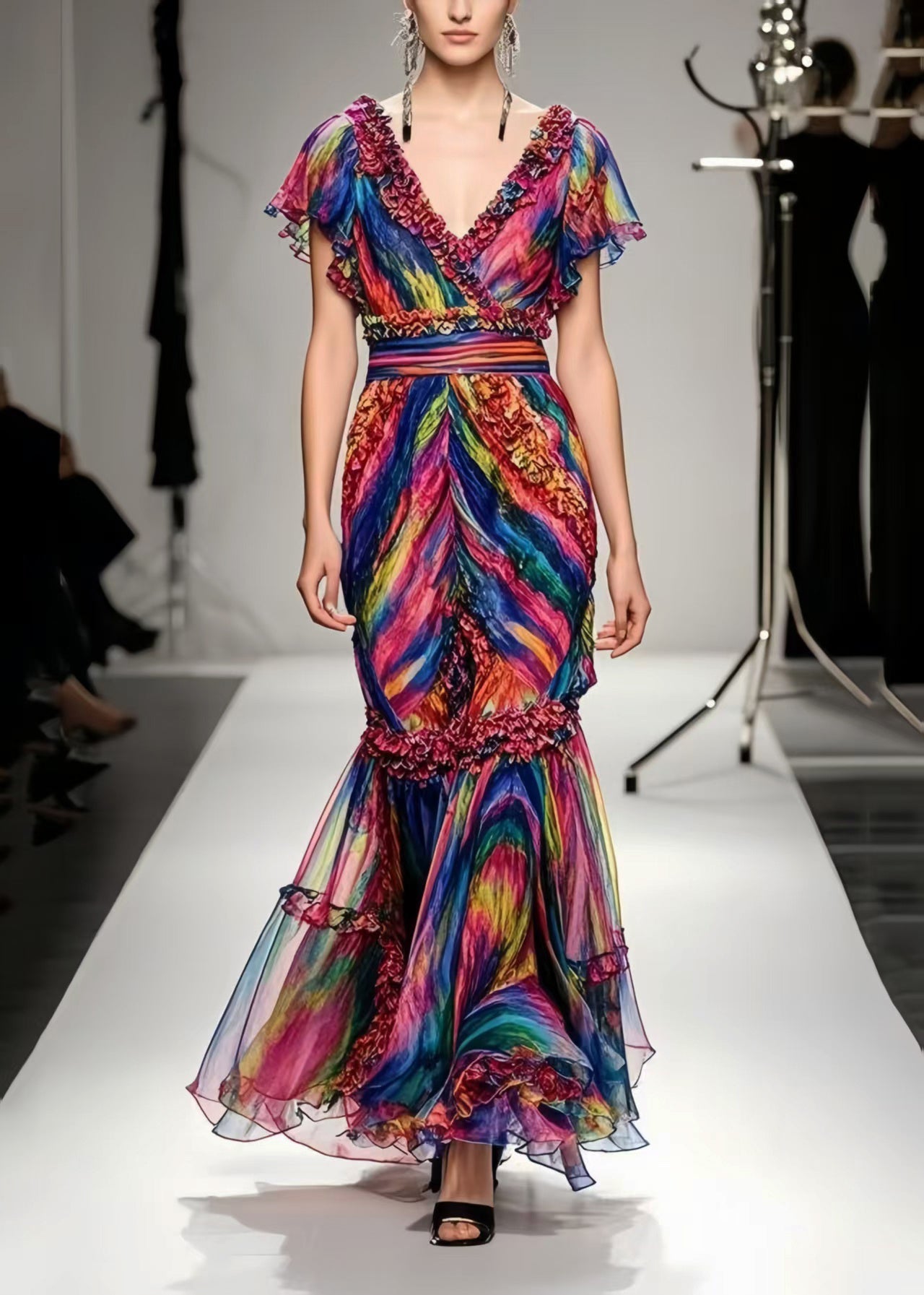 Ruffled Tie Dye Chiffon Robe Dresses Summer